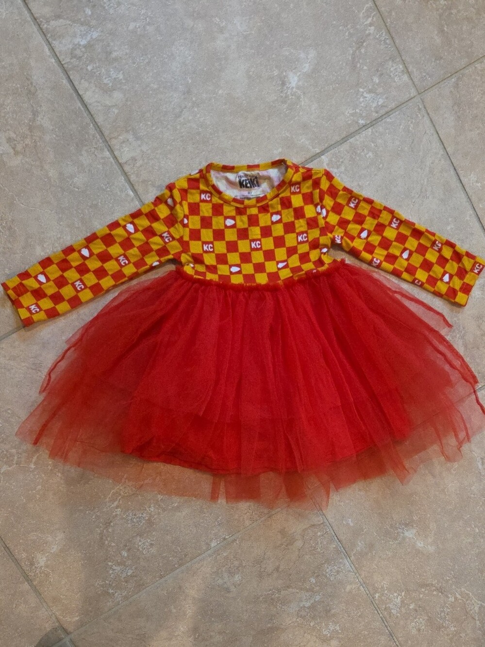 Kansas City Keiki Chiefs Checkerboard Red & Yellow Tulle Dress 3T